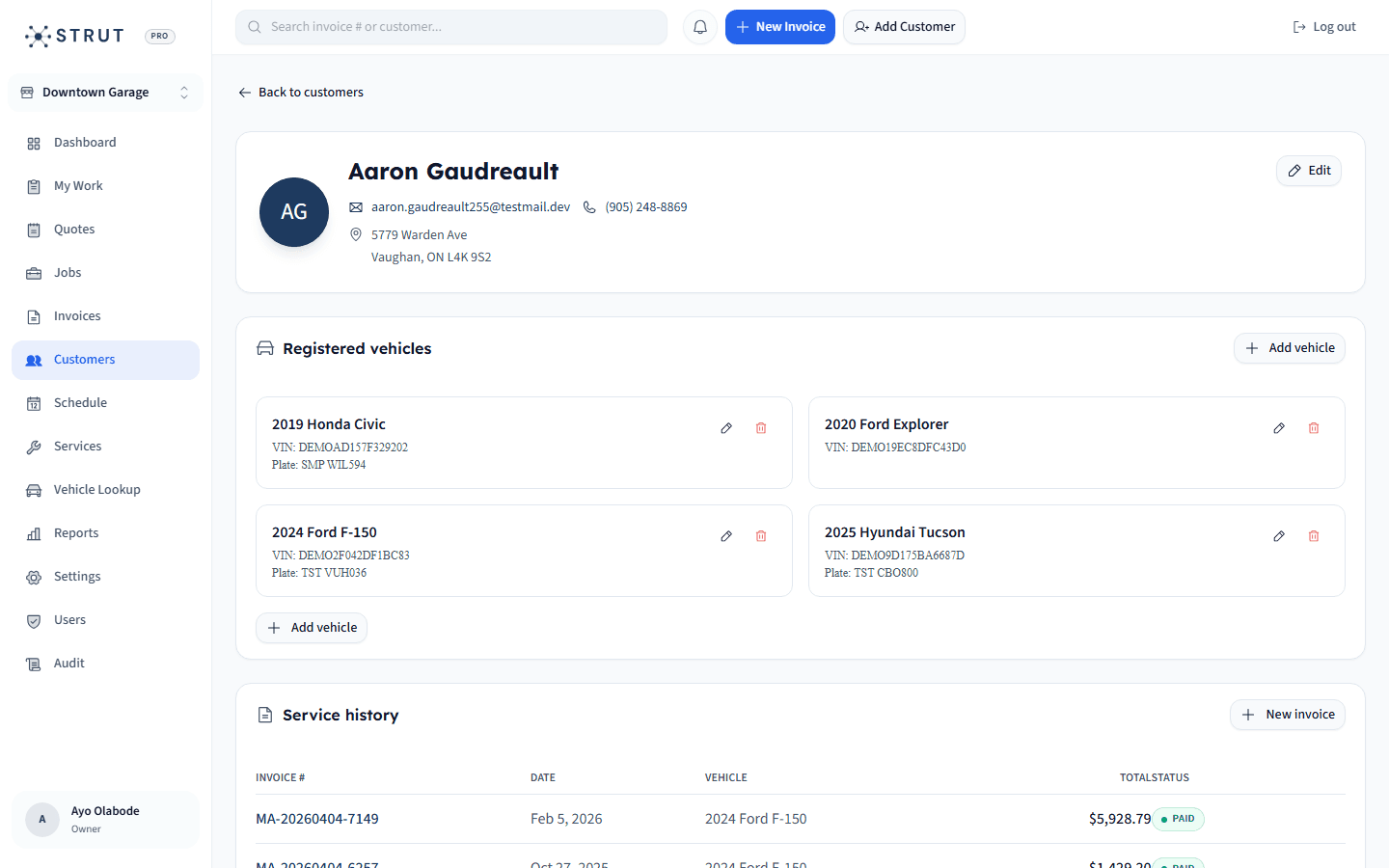 Auto shop customer profile in Strut with registered vehicles, VIN tracking, service history, and invoice status