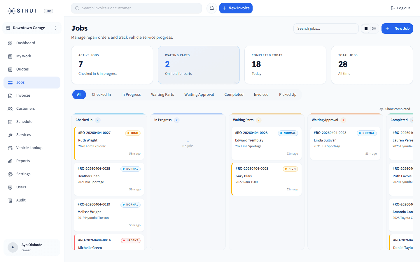Auto repair job tracking board in Strut with priority flags, vehicle details, and technician assignments