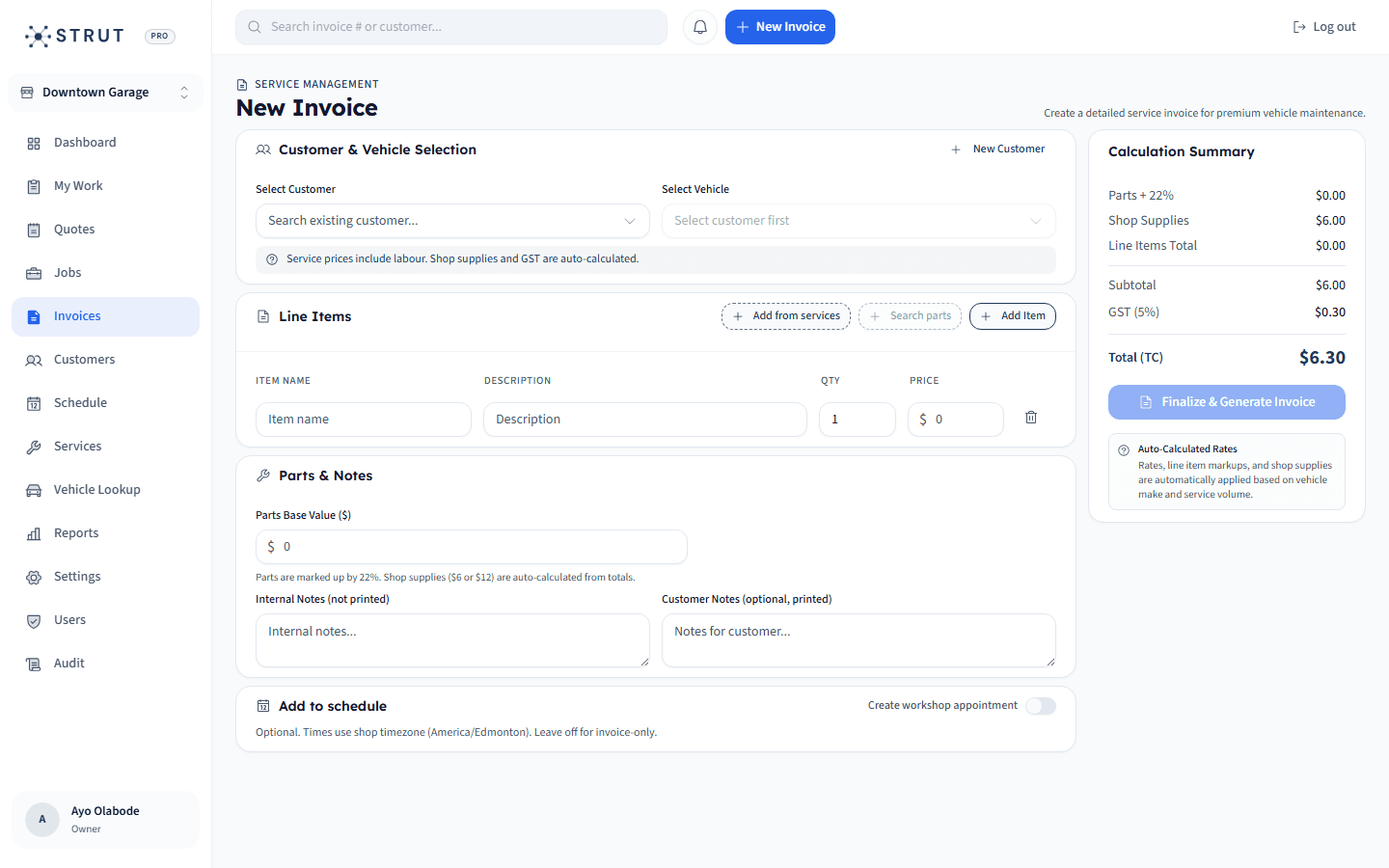 Auto repair invoice creation in Strut with customer selection, service line items, GST, and shop supplies
