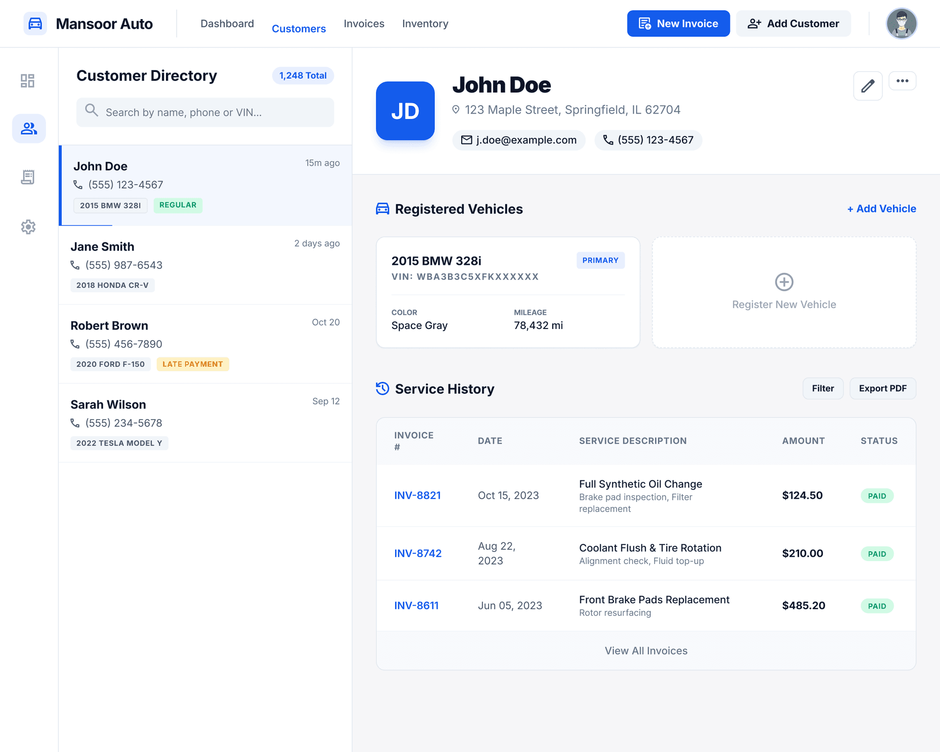 Strut CRM — vehicle registry, service history, and contact directory for auto shops